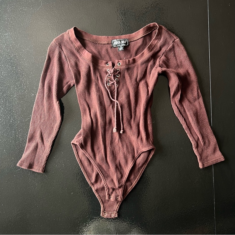 Miss Juli Cotton Brown Lace Up Ribbed Waffle Knit Long Sleeve Bodysuit Medium